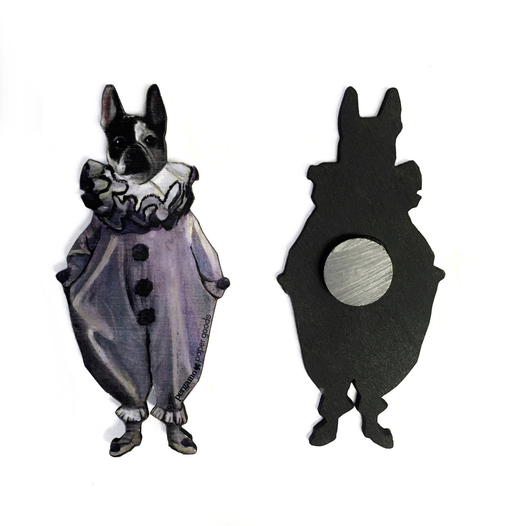 Frenchie Dog Laser Cut Wood Magnet (French Bulldog Clown)