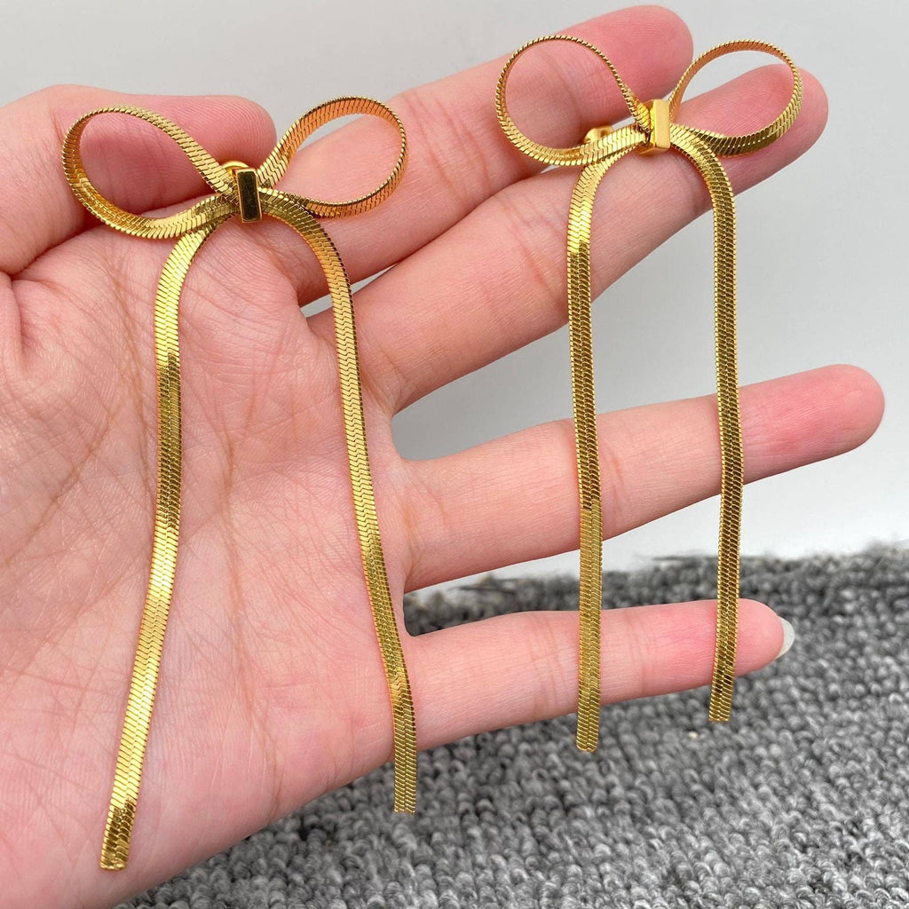FGS - Chain Fringe Bow 18K Gold Plated SS Earrings: Steel color