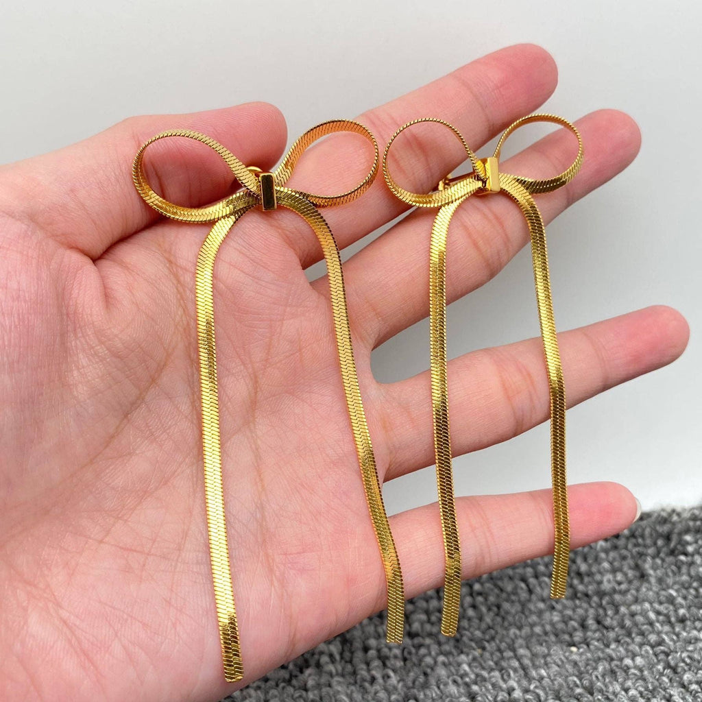 FGS - Chain Fringe Bow 18K Gold Plated SS Earrings: Steel color