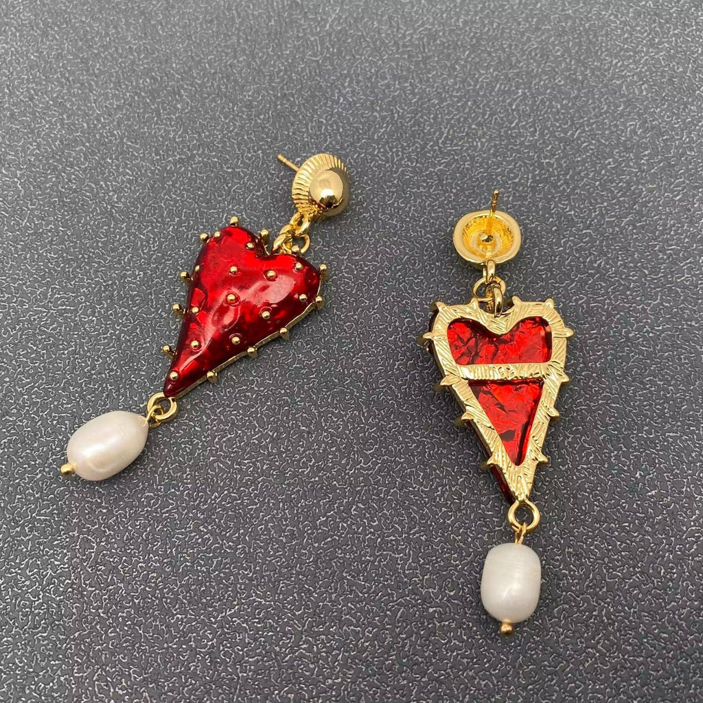 Pearl Strawberry Heart-Shaped Charm Post Earrings