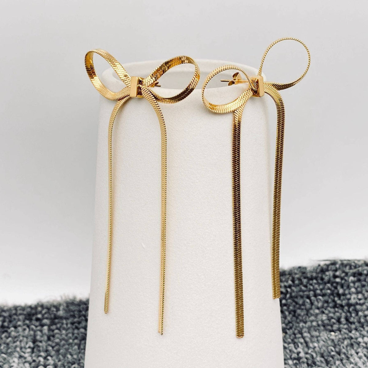 FGS - Chain Fringe Bow 18K Gold Plated SS Earrings: Steel color