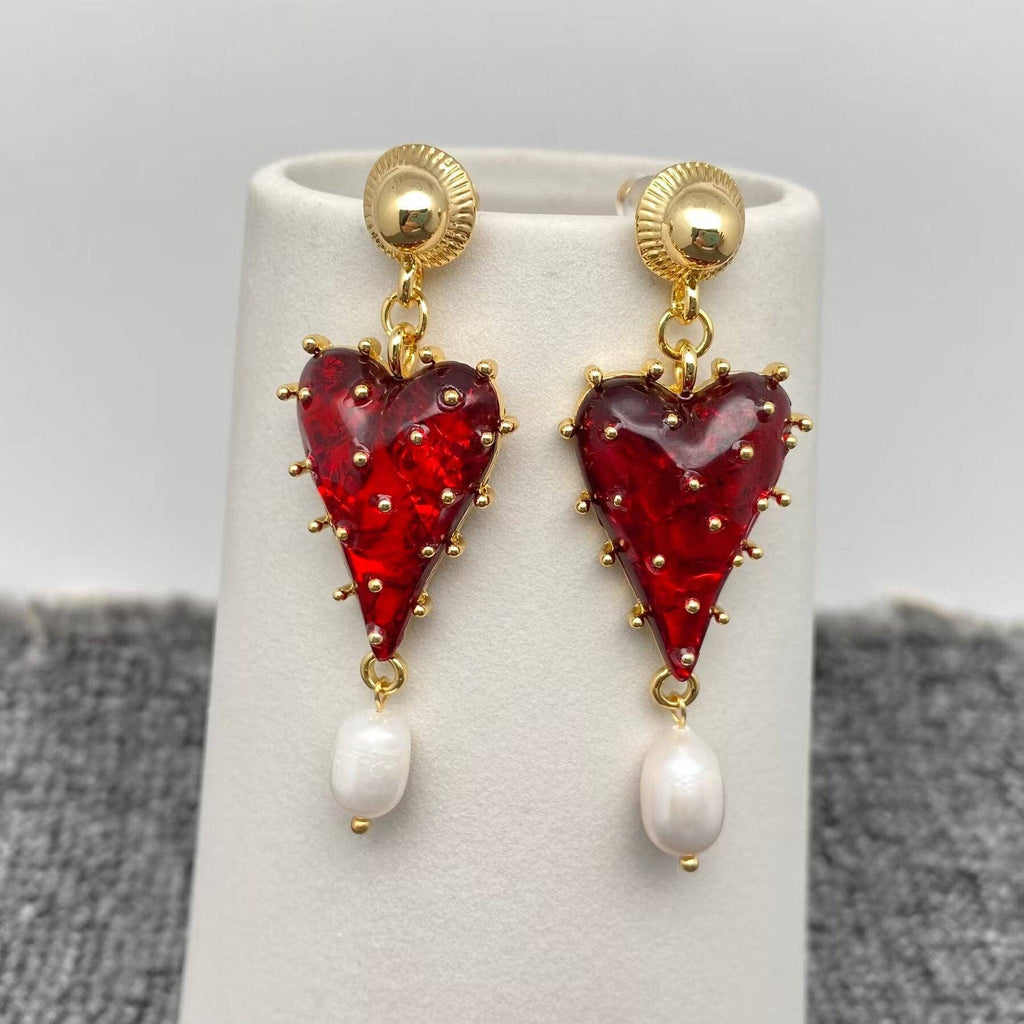 Pearl Strawberry Heart-Shaped Charm Post Earrings