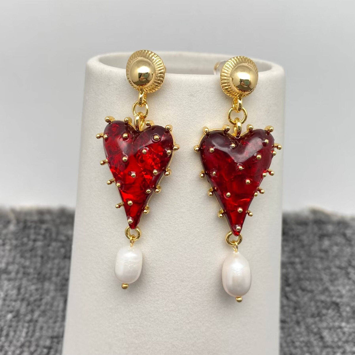 Pearl Strawberry Heart-Shaped Charm Post Earrings