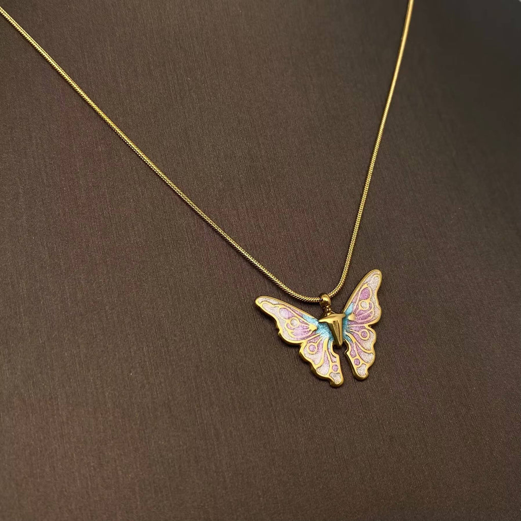 Enamel Butterfly Charm 18K Gold Plated S.Steel Necklace -FGS