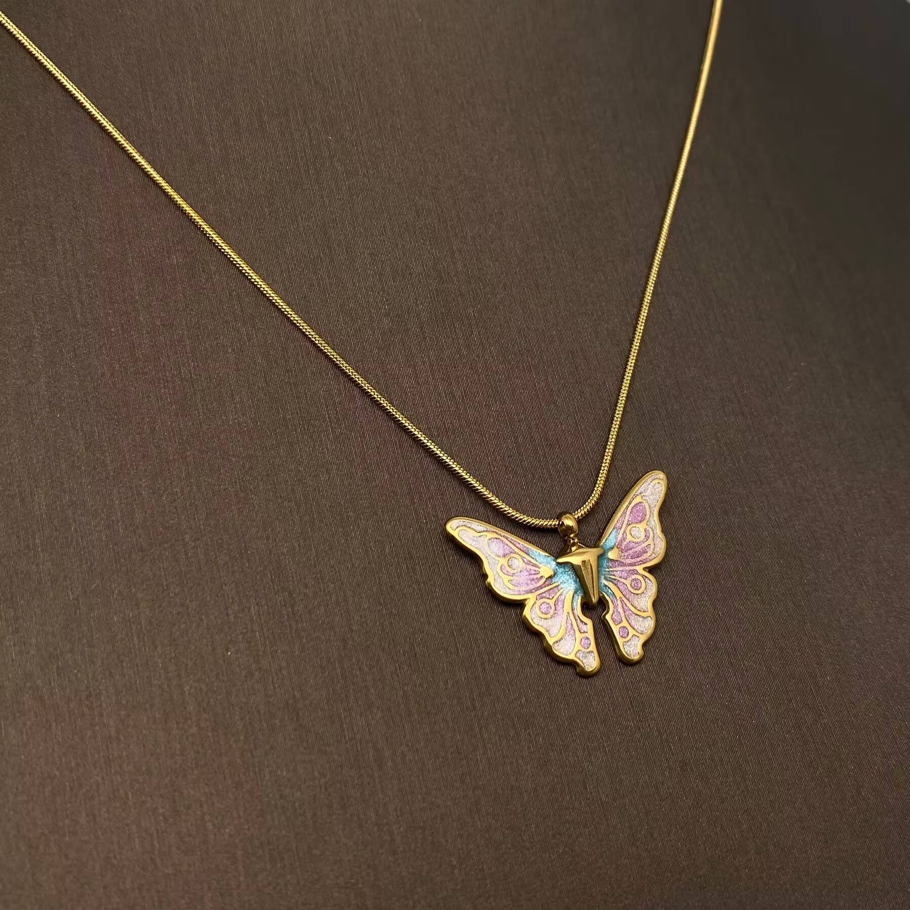 Enamel Butterfly Charm 18K Gold Plated S.Steel Necklace -FGS