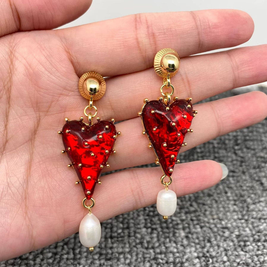 Pearl Strawberry Heart-Shaped Charm Post Earrings