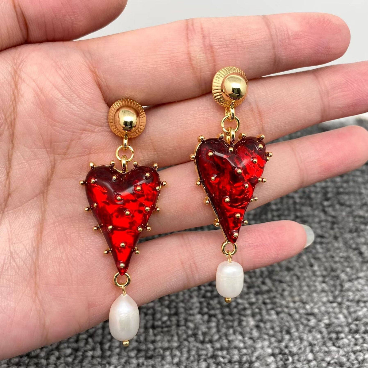 Pearl Strawberry Heart-Shaped Charm Post Earrings