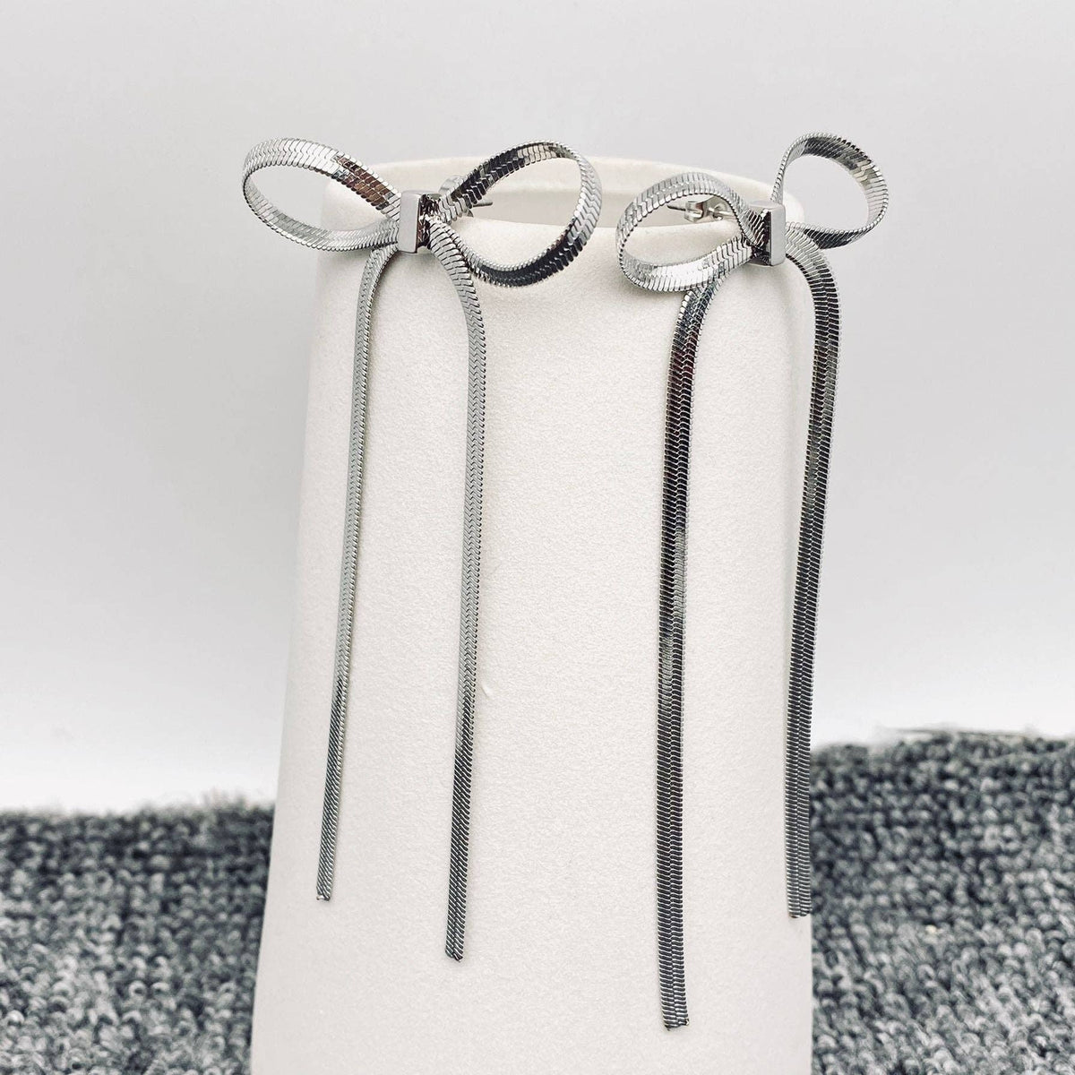 FGS - Chain Fringe Bow 18K Gold Plated SS Earrings: Steel color