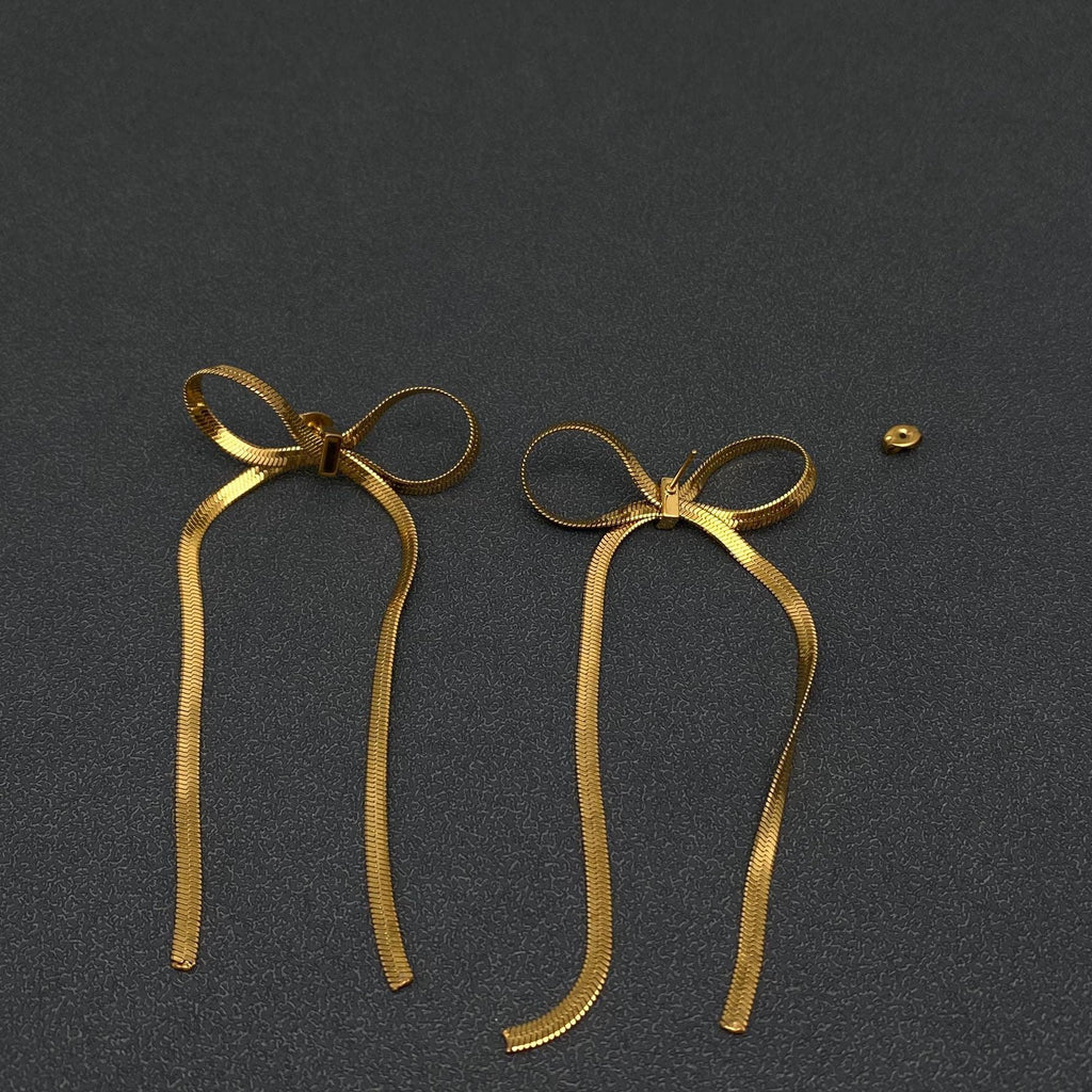 FGS - Chain Fringe Bow 18K Gold Plated SS Earrings: Steel color
