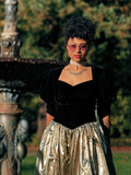 1980s Jessica McClintock Gunne Sax black velvet and gold formal dress